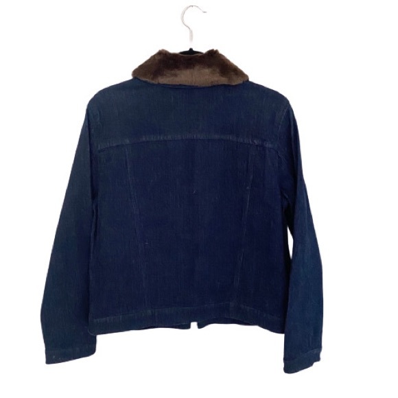 new Saks 5th Ave ༄ Vegan Fur Trim Zip Front Jacket ༄ Dark Indigo Denim ༄ Size 10 - Picture 2 of 10